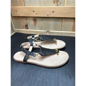 SPERRY Womens Black & Cream Leather T-Strap Thong Sandals With Gold Accents Size